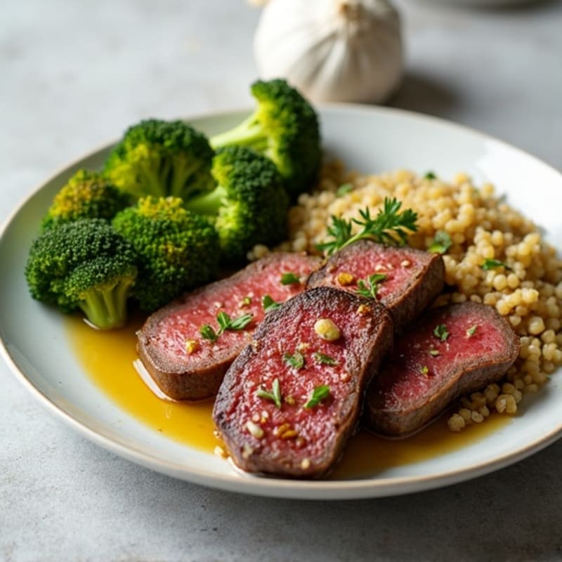 Seared Lean Beef Strips with Roasted Broccoli and Garlic Quinoa