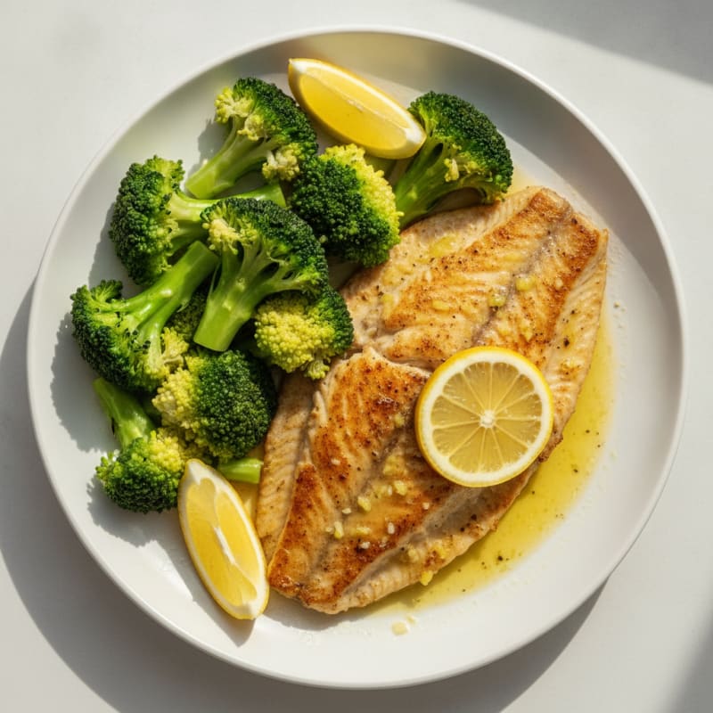 Seared Tilapia with Steamed Broccoli and Lemon