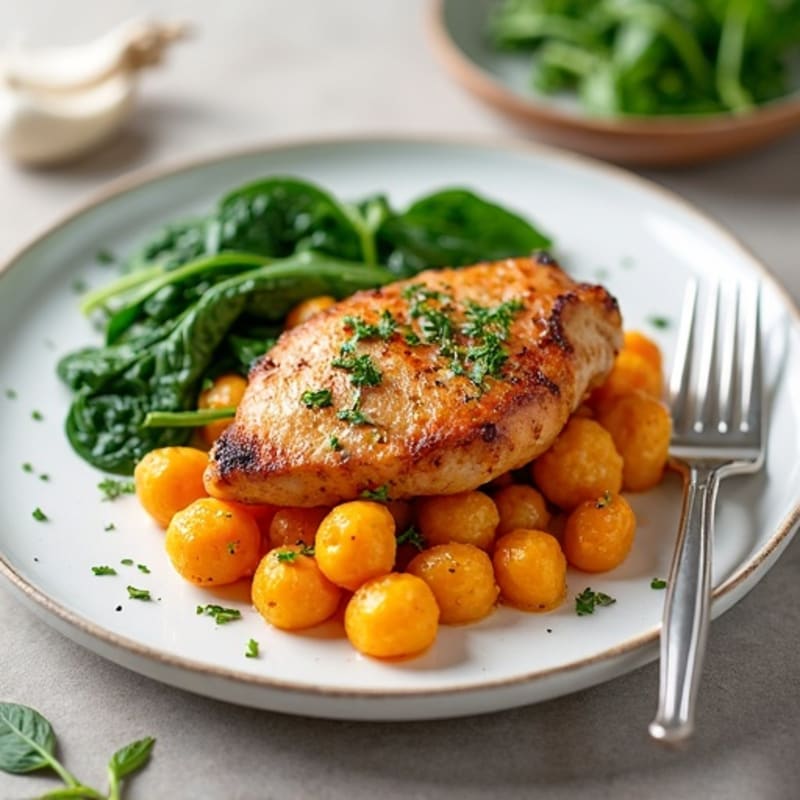 Silky Sweet Potato Gnocchi with Pan-Seared Chicken and Garlic Spinach