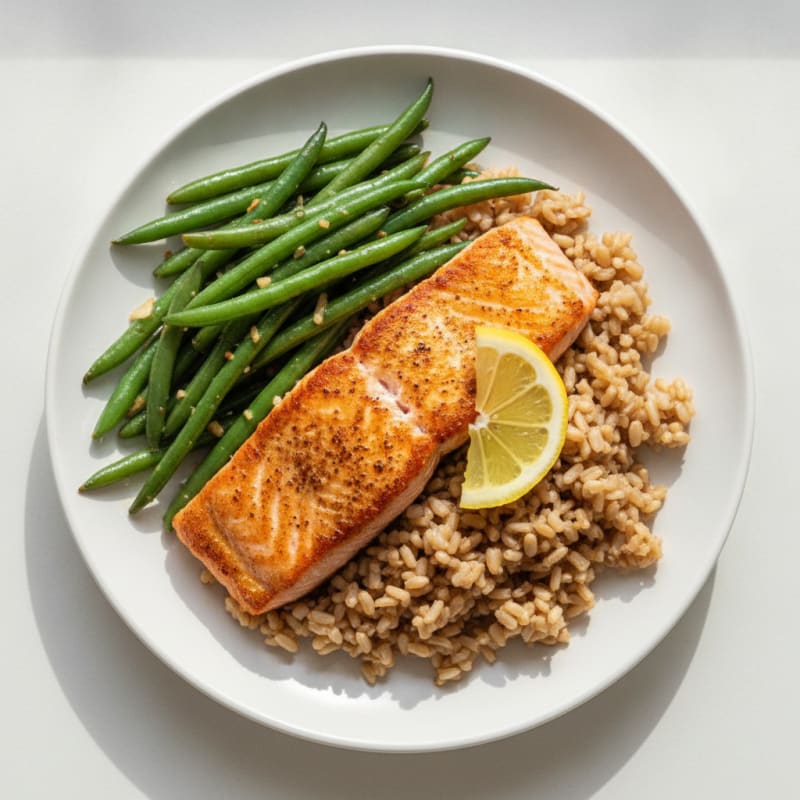 Seared Salmon with Garlic Green Beans and Brown Rice