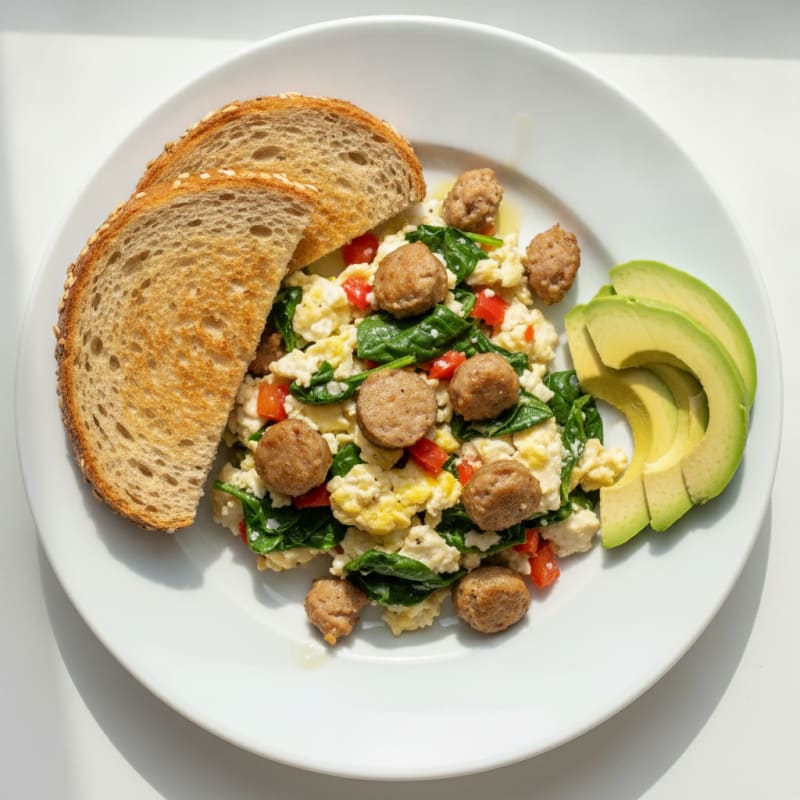 Egg White Spinach Scramble with Turkey Sausage