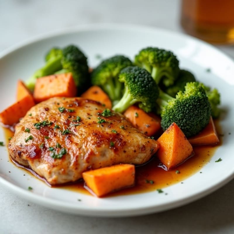 Honey-Glazed Chicken with Roasted Sweet Potatoes and Crispy Broccoli
