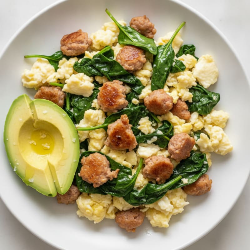 Egg White Scramble with Turkey Sausage and Sautéed Spinach