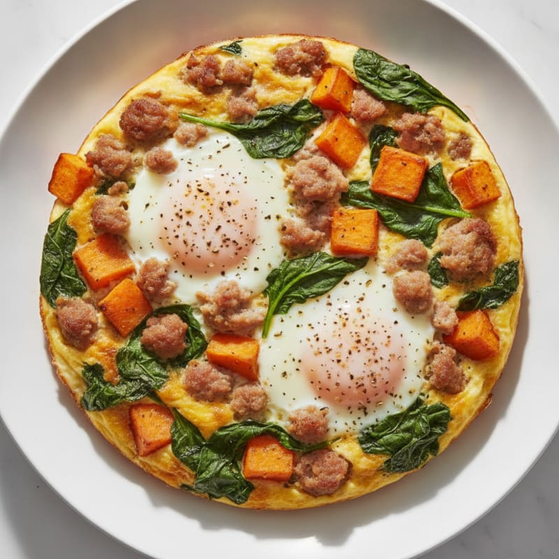 Egg and Turkey Sausage Breakfast Bake with Spinach and Sweet Potato