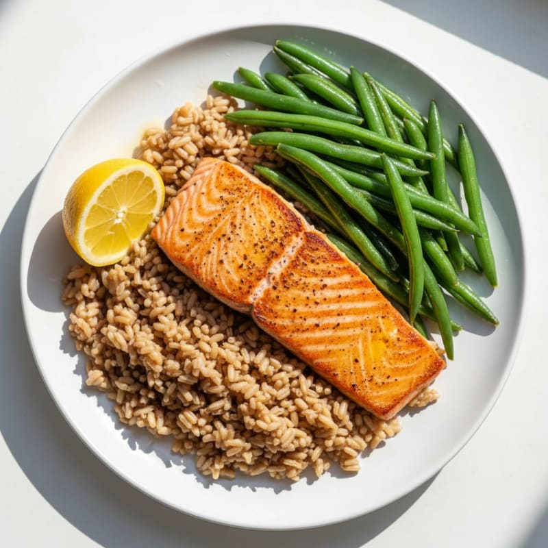 Seared Salmon Fillet with Steamed Green Beans and Brown Rice