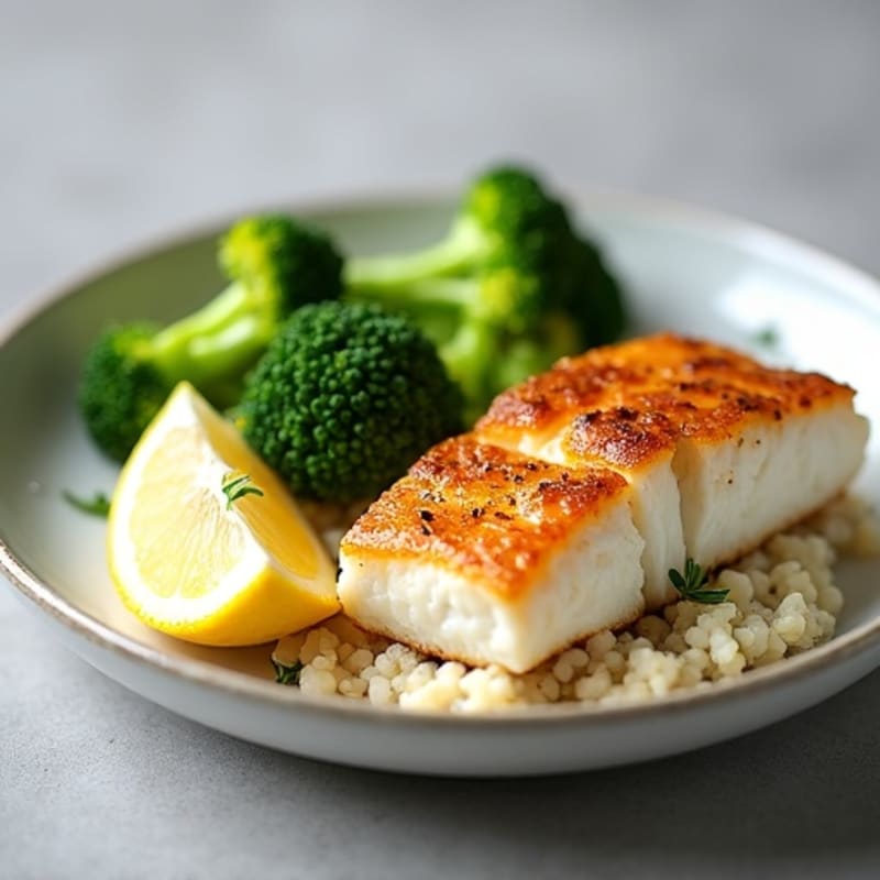 Seared Cod with Steamed Broccoli and Cauliflower Rice