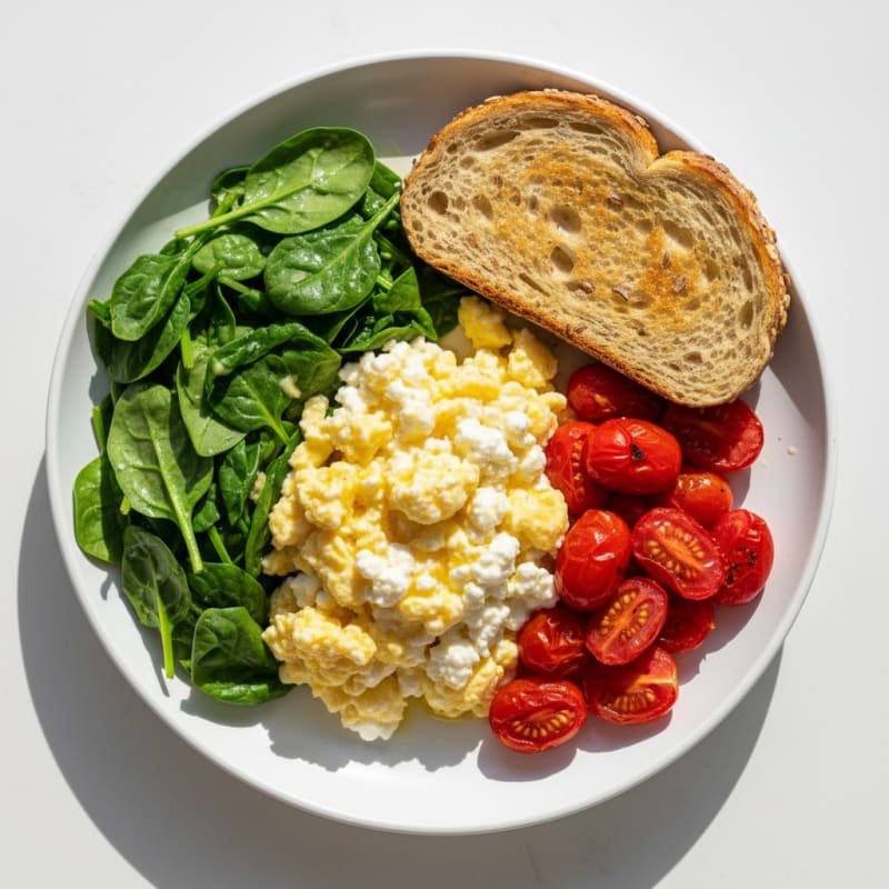 Cottage Cheese Scramble with Sautéed Spinach and Cherry Tomatoes