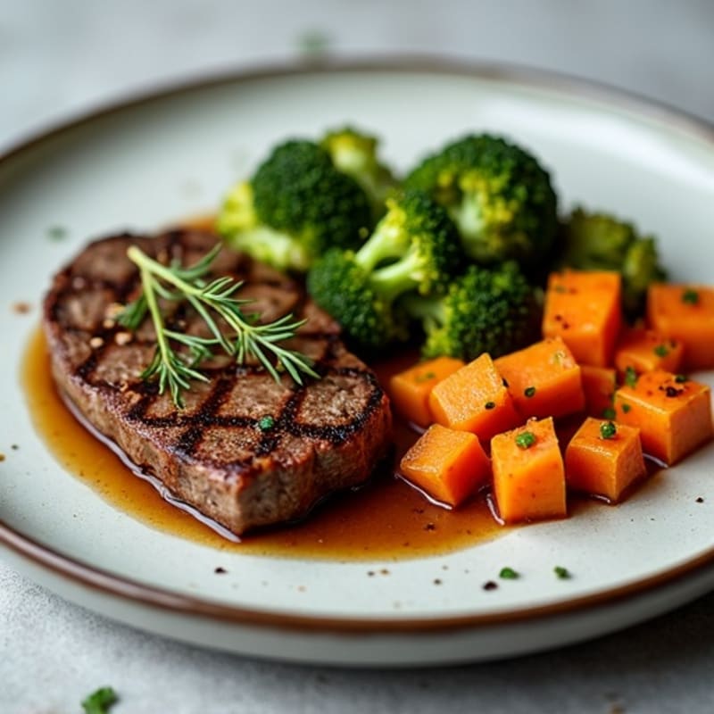 Seared Lean Beef with Roasted Broccoli and Sweet Potato