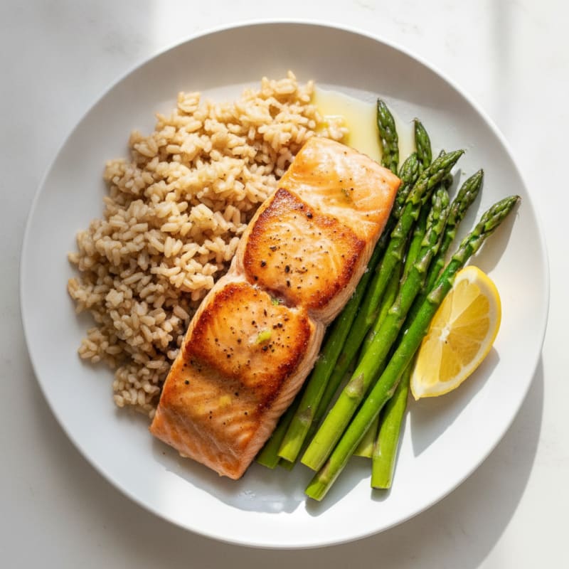 Seared Salmon with Steamed Asparagus and Brown Rice