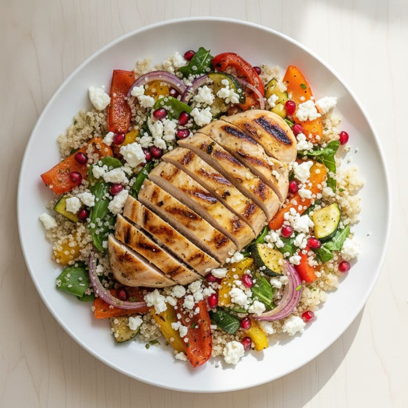 Grilled Chicken Quinoa Bowl with Roasted Veggies and Feta