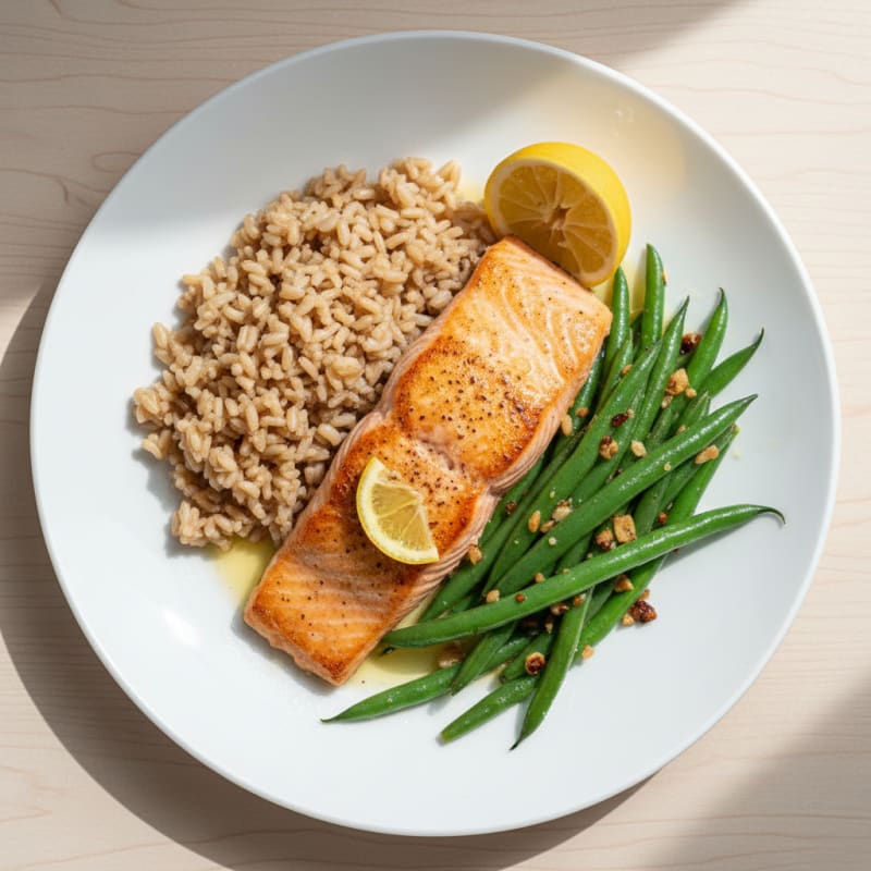 Seared Salmon Fillet with Garlic Green Beans and Brown Rice