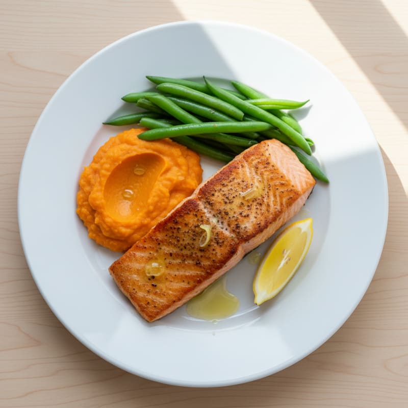 Seared Salmon with Steamed Green Beans and Sweet Potato Mash