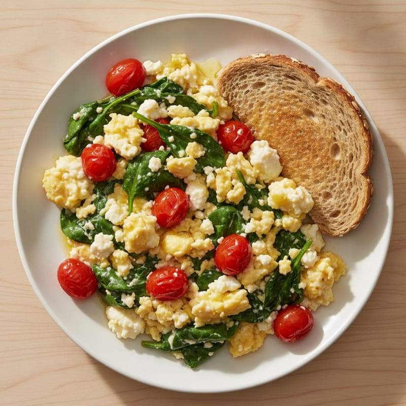 Cottage Cheese Egg Scramble with Spinach and Cherry Tomatoes