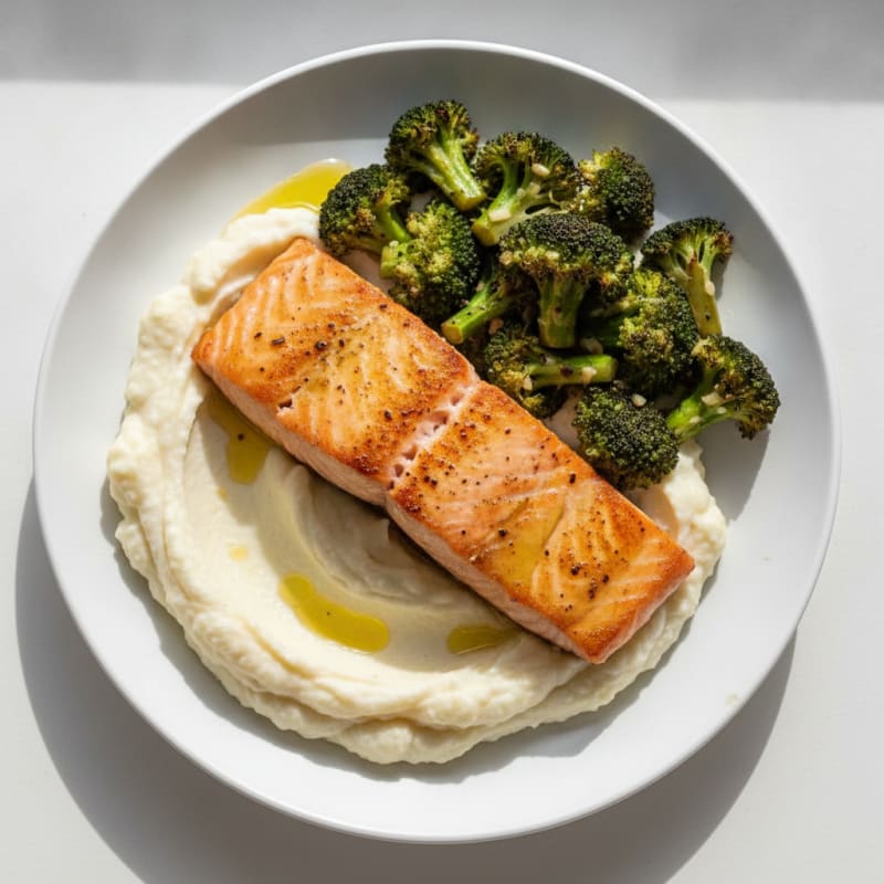 Seared Salmon with Roasted Broccoli and Creamy Mashed Cauliflower