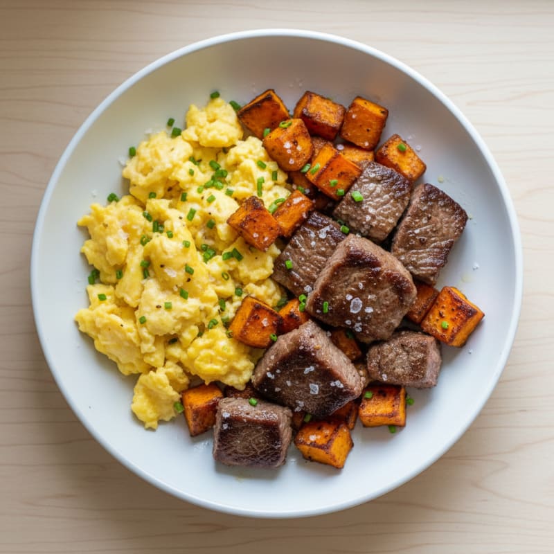Scrambled Eggs with Seared Steak and Roasted Sweet Potato