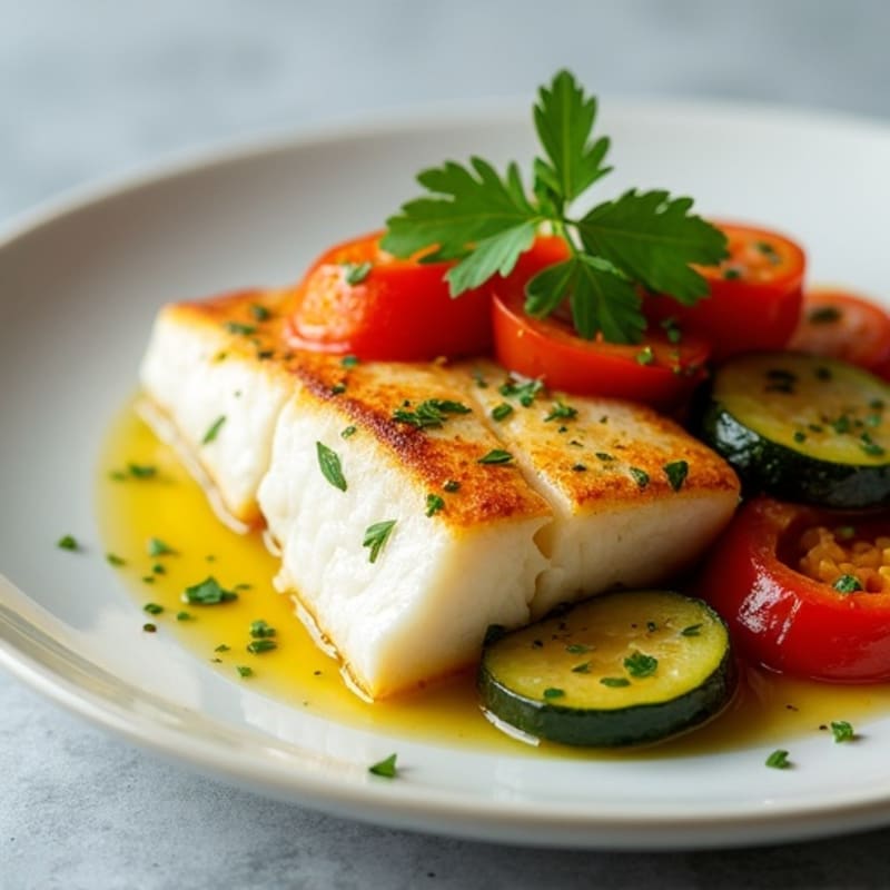 Seared White Fish with Herb Sautéed Zucchini and Peppers