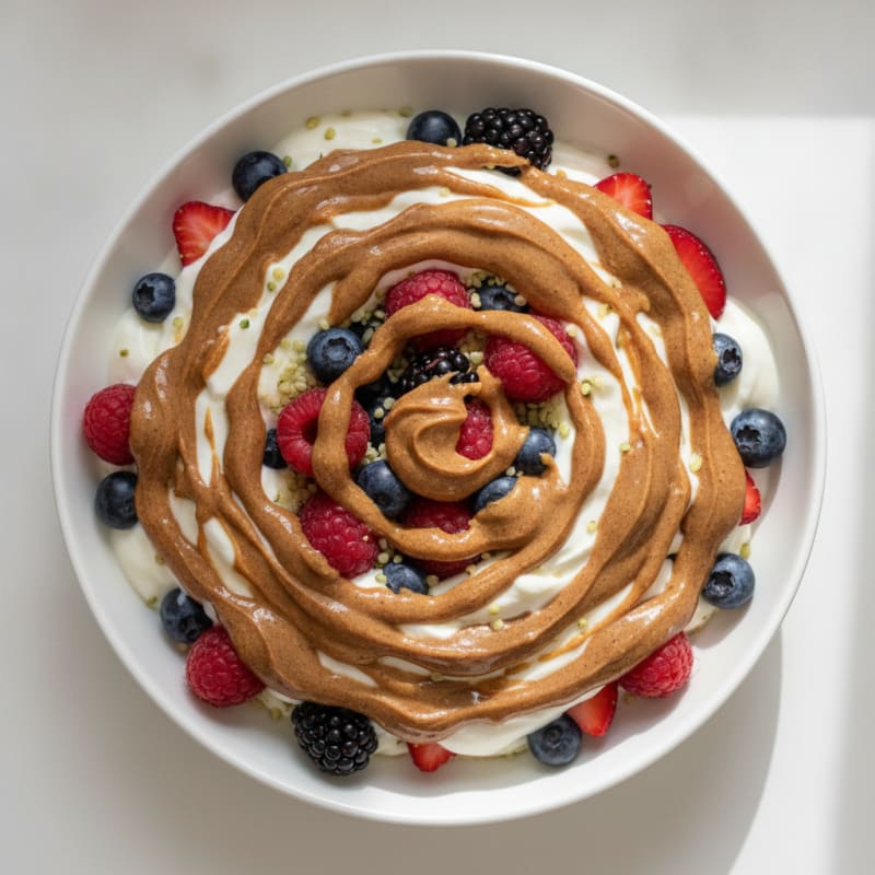 Greek Yogurt Protein Parfait with Mixed Berries and Almond Butter