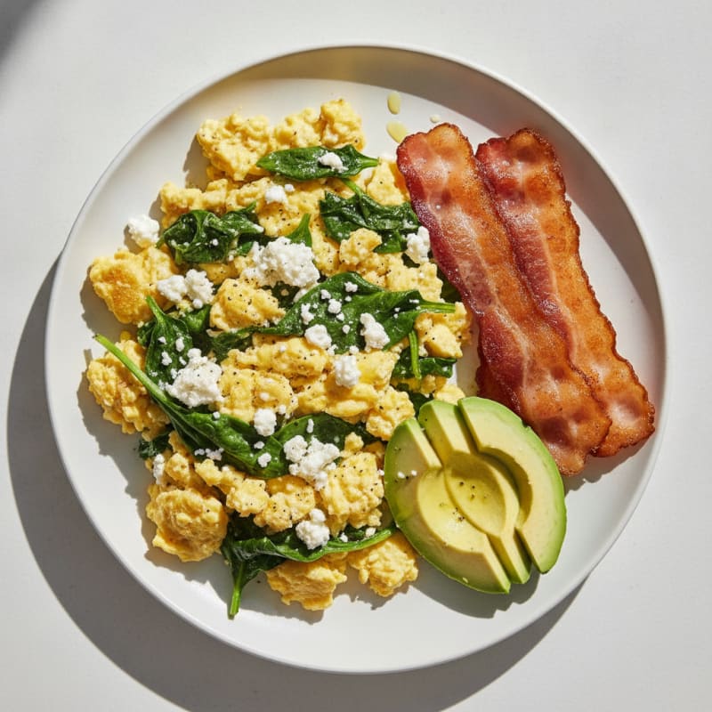Cottage Cheese Egg Scramble with Sautéed Spinach and Turkey Bacon