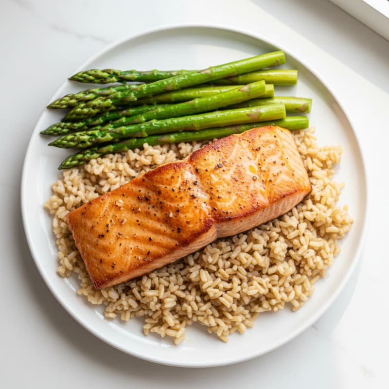 Seared Salmon with Steamed Asparagus and Brown Rice