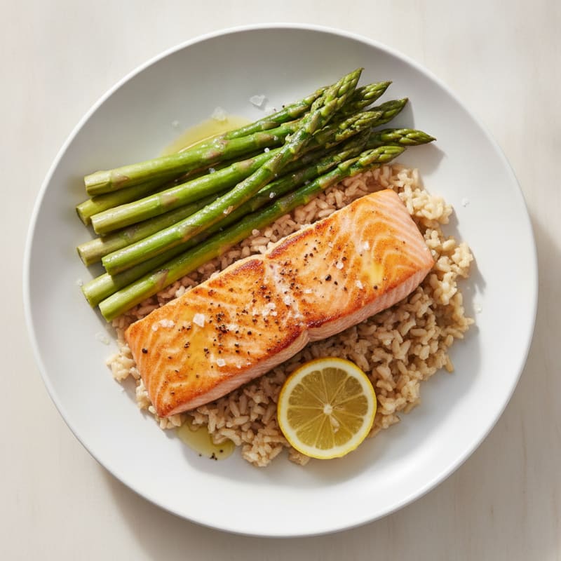 Seared Salmon with Steamed Asparagus and Brown Rice