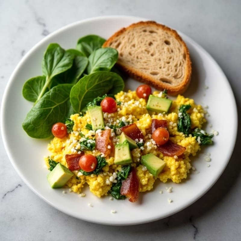 Cottage Cheese Egg Scramble with Spinach and Turkey Bacon