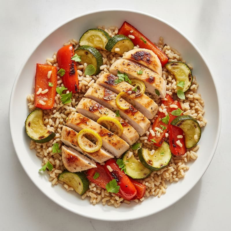 Grilled Chicken and Rice Bowl with Roasted Vegetables
