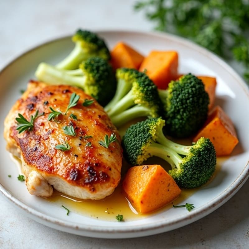 Crispy Lemon-Herb Roasted Chicken with Roasted Broccoli and Sweet Potato