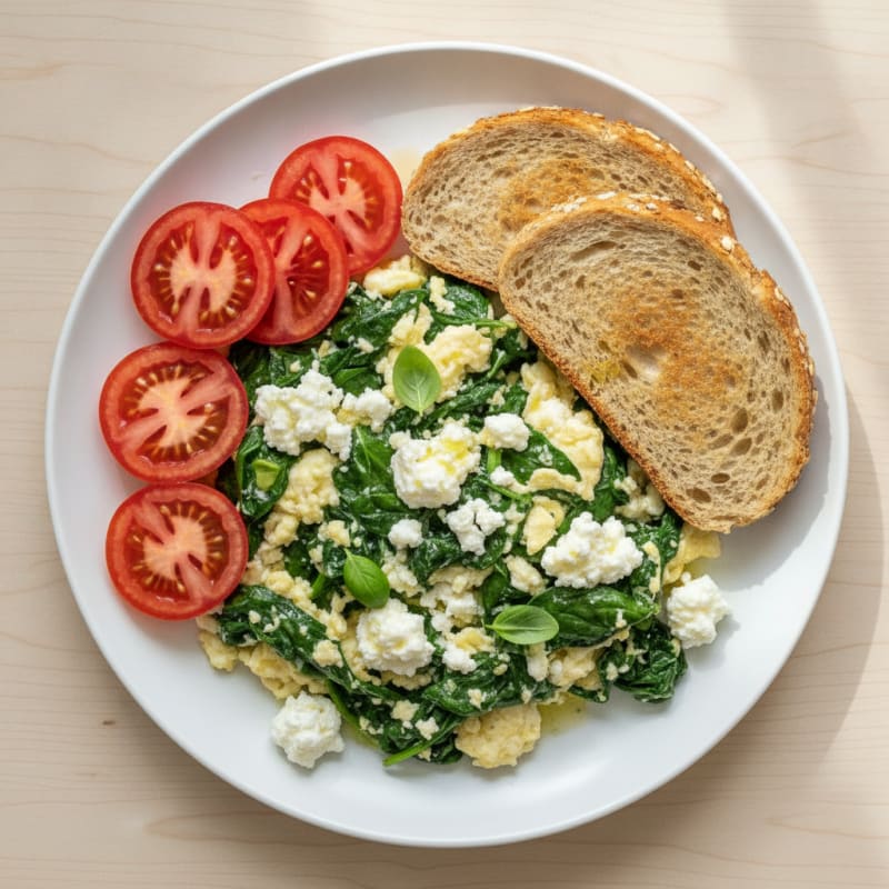 Egg White Spinach Scramble with Cottage Cheese and Sliced Tomatoes