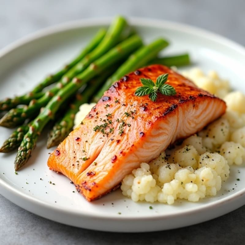 Seared Salmon with Steamed Asparagus and Cauliflower Mash