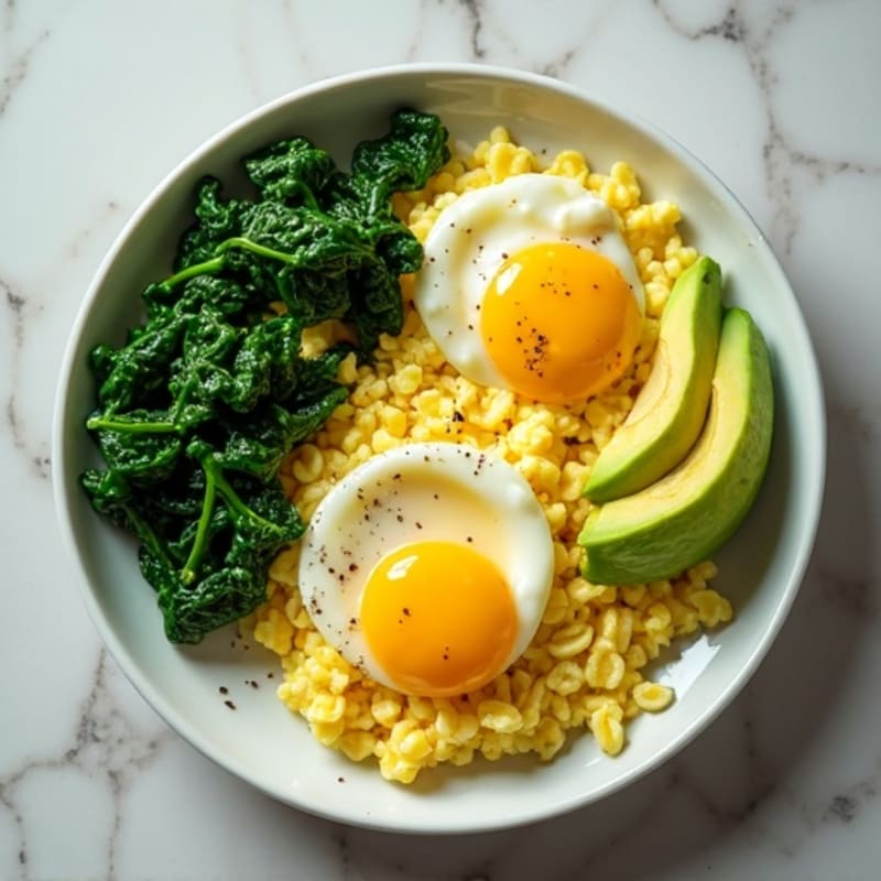 Fluffy Scrambled Eggs with Sautéed Greens and Avocado