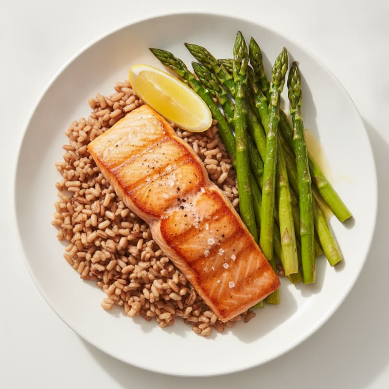 Seared Salmon Fillet with Roasted Asparagus and Brown Rice