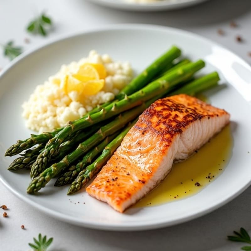 Seared Salmon with Steamed Asparagus and Cauliflower Mash