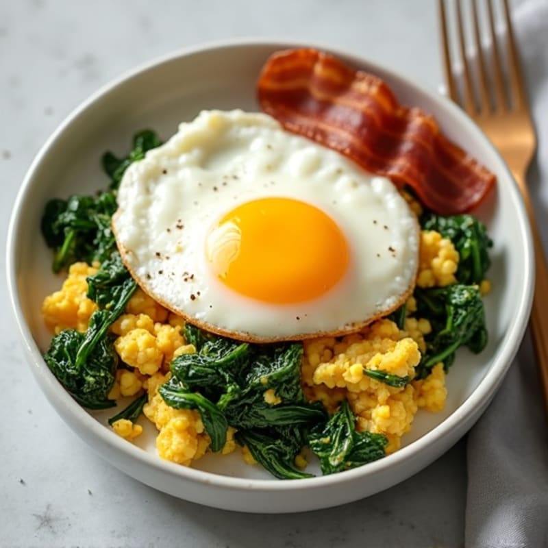 Cottage Cheese and Egg White Scramble with Sautéed Spinach and Turkey Bacon