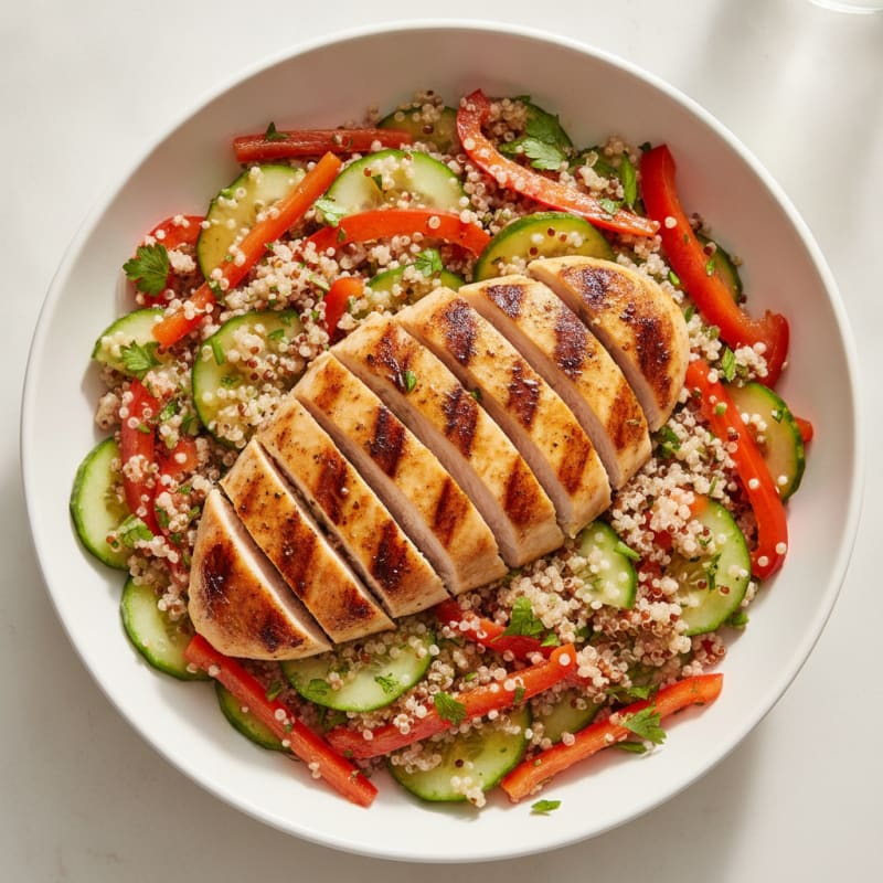 Grilled Chicken Breast Salad with Quinoa and Crunchy Vegetables