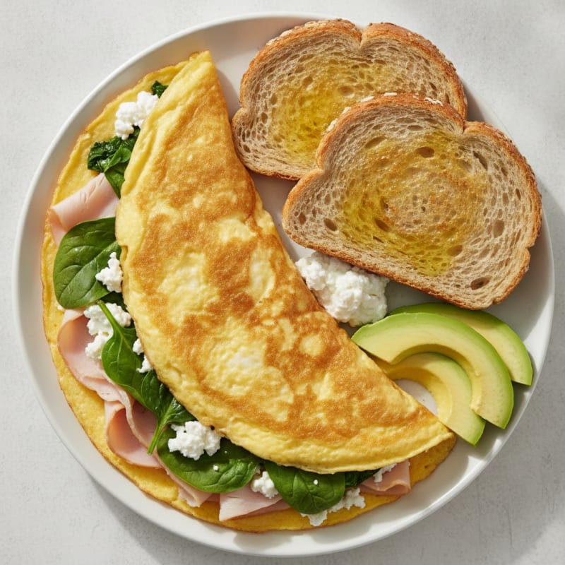 Egg White Spinach Omelet with Cottage Cheese and Sliced Turkey