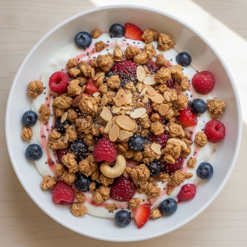 Greek Yogurt Parfait with Mixed Berries and Nutty Granola