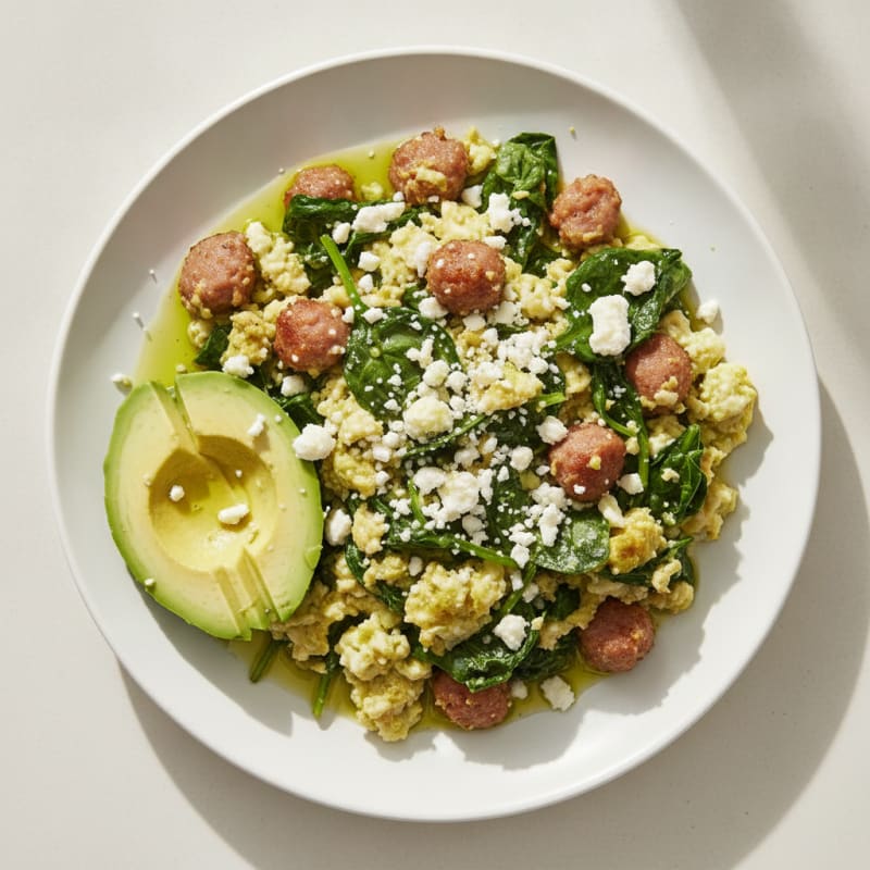 Egg White and Turkey Sausage Scramble with Spinach and Feta