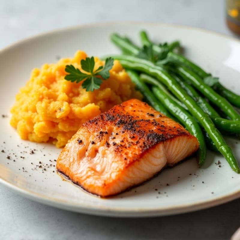 Seared Salmon with Steamed Green Beans and Mashed Sweet Potato