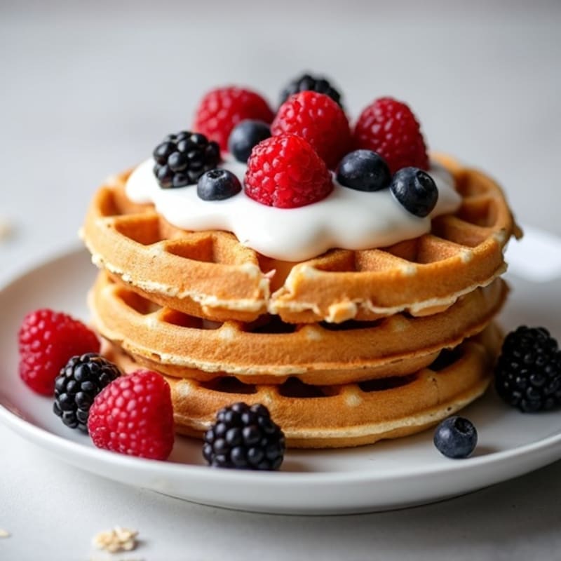 Crispy Protein Waffles with Fresh Berries and Creamy Greek Yogurt