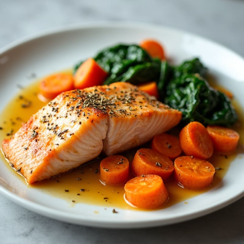 Baked Fish with Roasted Sweet Potatoes and Sautéed Carrots & Spinach