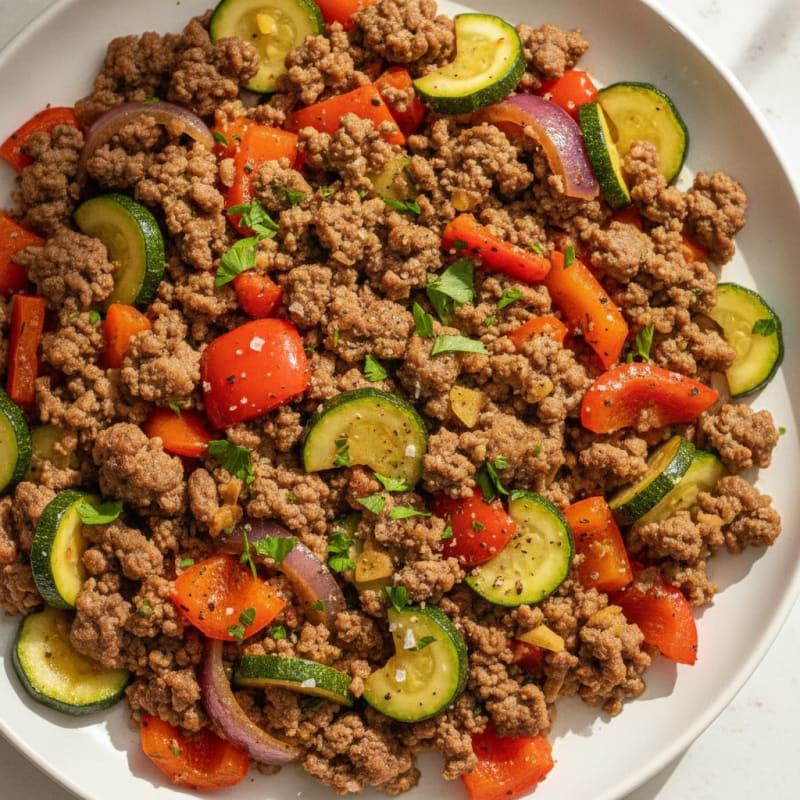 Savory Ground Beef and Rainbow Vegetable Skillet