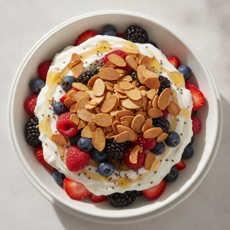 Greek Yogurt Protein Parfait with Mixed Berries and Almonds