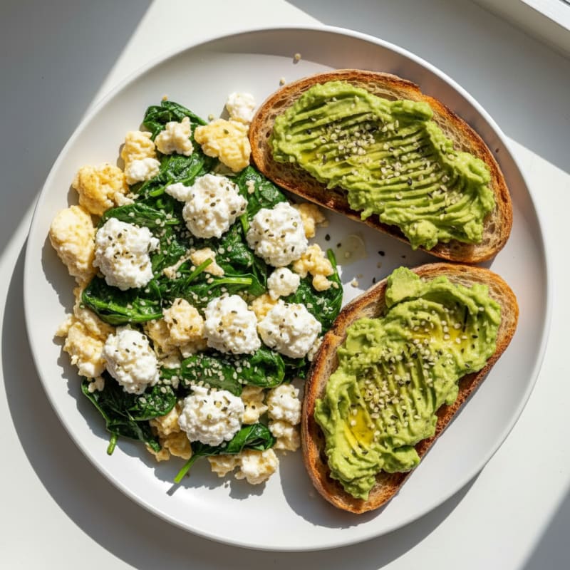 Egg White Spinach Scramble with Cottage Cheese and Avocado Toast