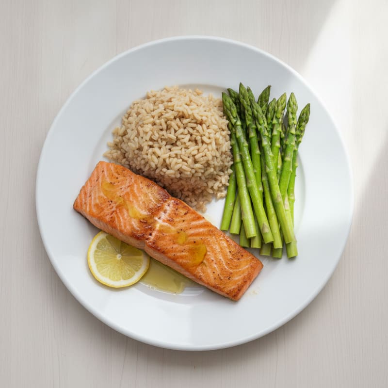 Seared Salmon with Steamed Asparagus and Brown Rice