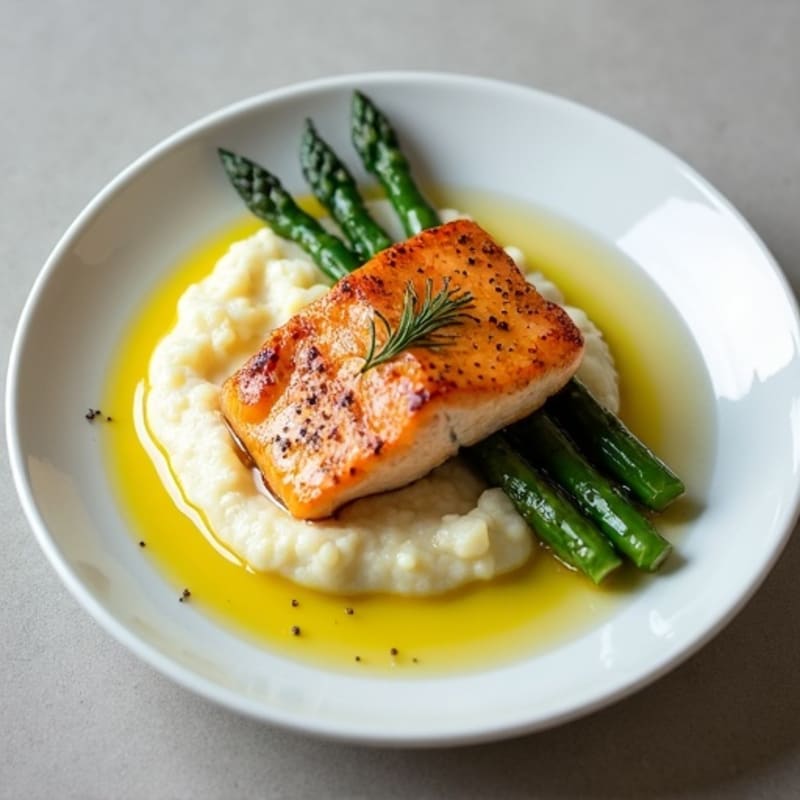 Seared Salmon with Steamed Asparagus and Cauliflower Mash