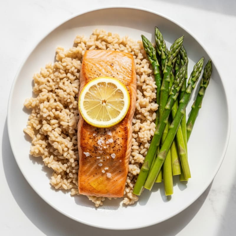 Seared Salmon Fillet with Steamed Asparagus and Brown Rice