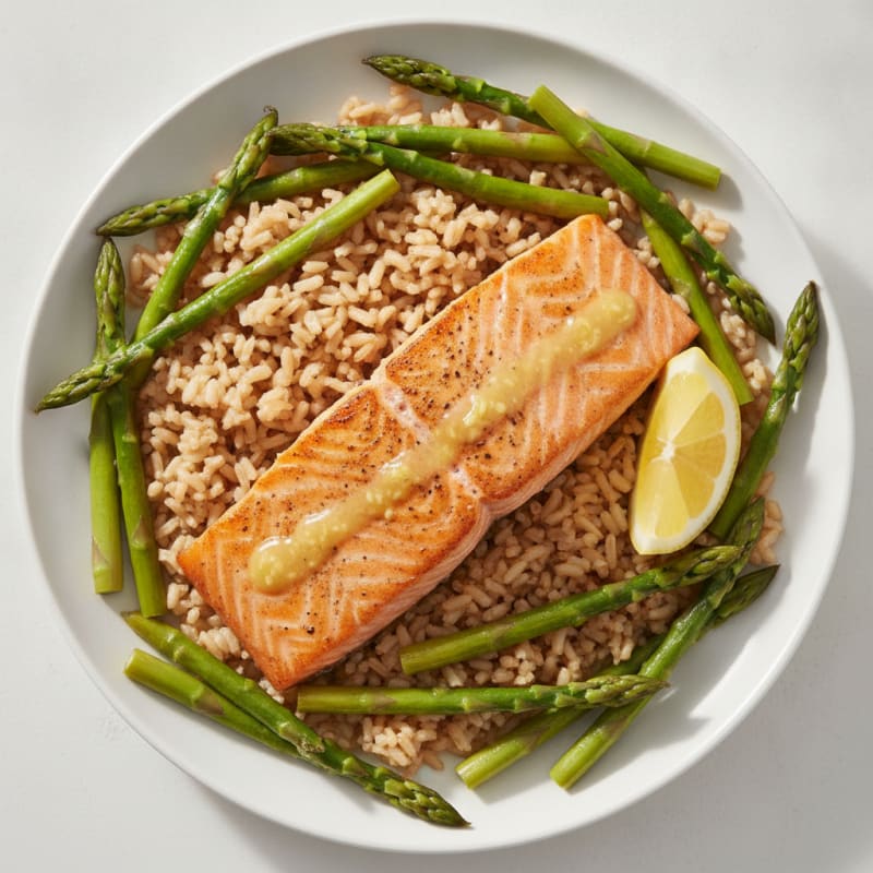 Seared Salmon Fillet with Steamed Asparagus and Brown Rice