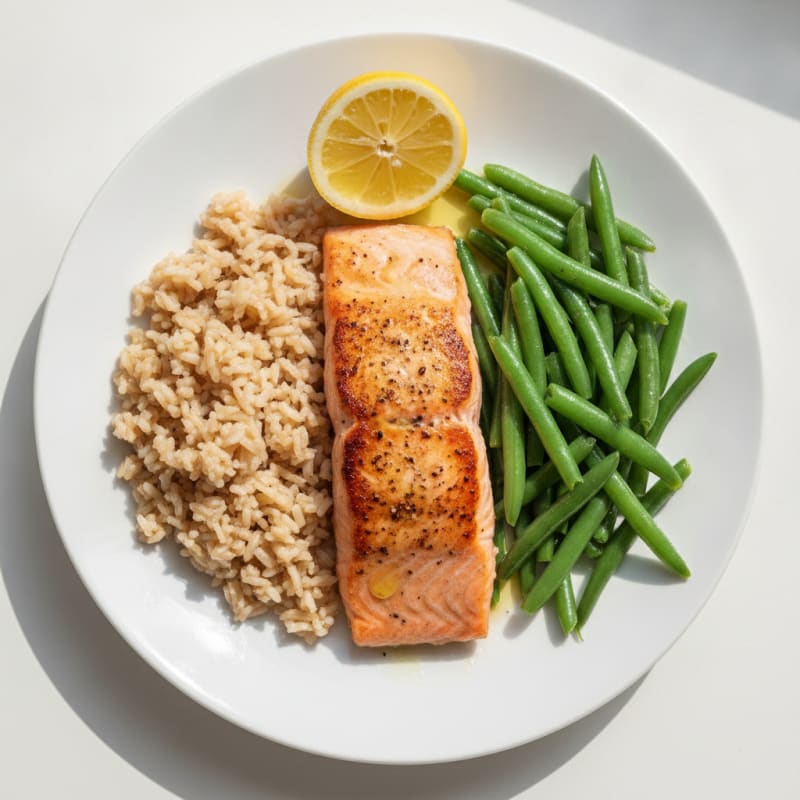 Seared Salmon Fillet with Steamed Green Beans and Brown Rice