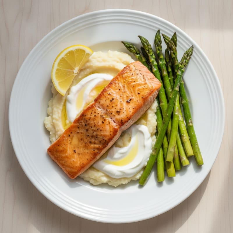 Seared Salmon Fillet with Roasted Asparagus and Cauliflower Mash