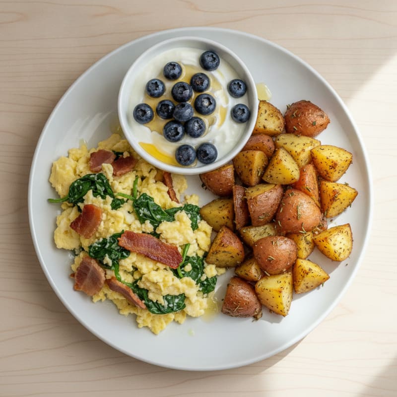 Turkey Bacon and Egg White Scramble with Roasted Potatoes and Greek Yogurt Fruit Bowl